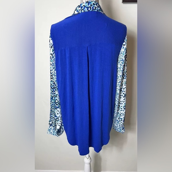 City View women’s blue mix knit button down top Sz large shirt bow - Picture 2 of 5